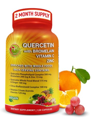 Quercetin with Bromelain Quercetin Phospholipid Complex 500 mg High Absorption Supplement Immune Support with Vitamin C Zinc Ginger & Citrus Bioflavonoids with Organic Whole Foods 120 Count