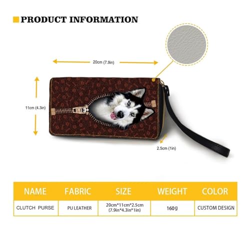 Long Wallet for Women Zipper Husky Dog Paw Print Large Capacity Travel Shopping Money Wallet with Wristlet Strap Card Holder Organizer Metal Zipper Long Purse for Cash,Coin,Bill3