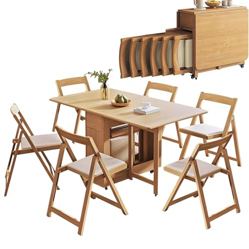Mesa de cocina plegable de madera con 6 sillas, mesa de comedor extensible con cajones y armarios de almacenamiento, fácil de limpiar, para cocina y restaurante