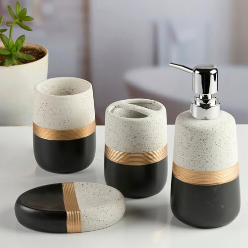 Image of SaSaSa Ceramic Bathroom Accessories Set of 4 - Stylish Bath Set with Liquid Soap Dispenser, Toothbrush Holder, Tumbler and Soap Dish for Modern Bathroom Decor, White /Black (11985)