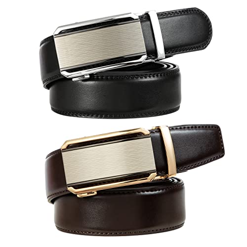 Image of 2 Pack Ratchet Belt 1 3 /8 inch, Mens leather Dress Belt in Gift Set Size 28 inch-62 inch Adjustable waist Trim to Fit