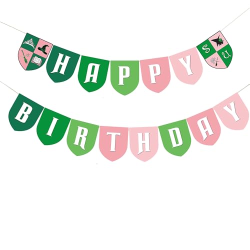 Image of Green and Pink Happy Birthday Banner Sign, Good and Bad Witch Party Decoration Flag, Paper Cutout Banner Backdrop, Green and Pink Party Supplies, Assembly Required
