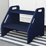 AMBIRD Wooden Step Stool, Two Step Stools Toddler 300 lbs Capacity with Safety Non-Slip Pads and Handles, Bamboo Step Stool for Bathroom, Kitchen Dual Height Step Stools for Kids (Navy Blue)