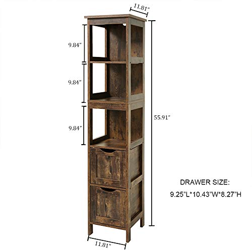 Usikey Storage Cabinet With 2 Drawers, 3 Tier Shelf Wooden Floor Cabinet, 55.7 Inches Free Standing Linen Tower With Open Shelves, For Bathroom, Living Room, Kitchen, Easy Assembly, Rustic Brown #TOP6