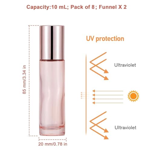 8 Pack 10mL(1/3 oz) Glass Roller Bottles for Essential Oils & Perfume, Rose Gold Roll On Vials with 2 Funnels, Travel Refillable Leak Proof Rollerball Applicator, DIY Craft Pretty Containers2