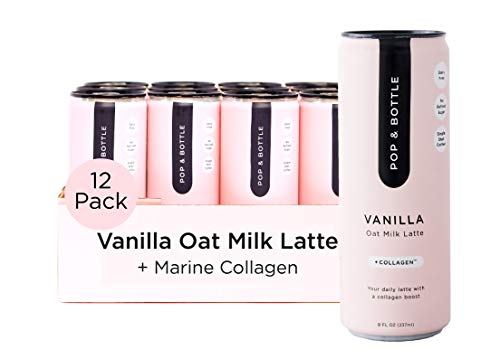 Pop & Bottle - Oat Milk Lattes with Collagen (from fish) | 12 Pack (8 oz) Vanilla | Marine (fish) Collagen Peptides, MCT Oil, Oat Milk, Cold Brew + More | Organic, No Dairy, No Gluten, Lightly Sweetened with Dates