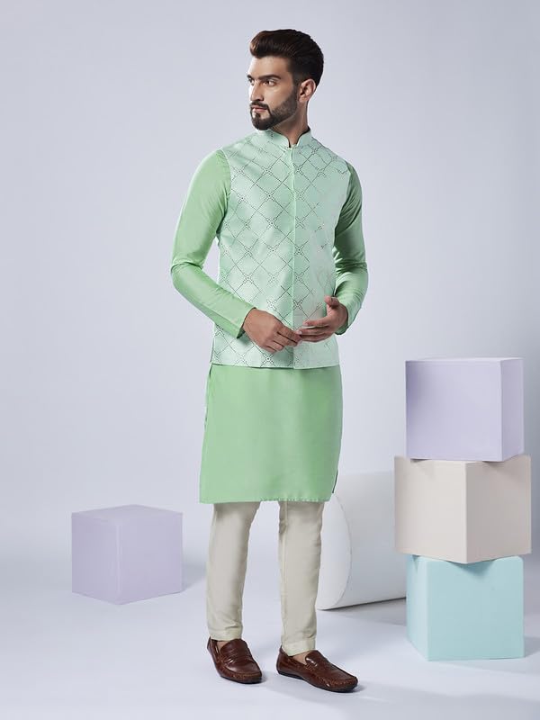 Image of KISAH Men's Navy Blue Printed Cotton Kurta - Regular Fit Long Tunic with Mandarin Collar | Ethnic Wear for Weddings & Festive Occasions