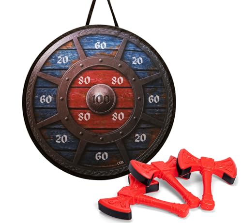 Simba Jeu de fléchettes Viking avec 3 haches Doubles colorées (15 cm) et Cible en Tissu imprimé (diamètre 65 cm), Jeu de Lancer pour Enfants à partir de 3 Ans