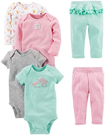 Simple Joys by Carter's Baby Girls' 6-Piece Bodysuits (Short and Long Sleeve) and Pants Set, Mint Green/Pink/Grey, 0-3 Months