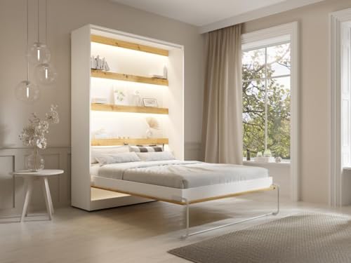 Vente-unique-Cama abatible de 140 x 200 cm - Apertura Vertical Manual - con Leds - Blanco y Natural + Colchón - RAPILI