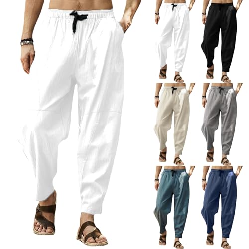 Thatrich Harem Pants Men Cotton Linen Summer Pants Boho Yoga Trouser Elastic Waist Sweatpants with Pockets Lightweight Casual