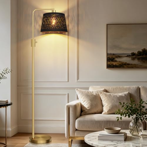 Image of 【Upgraded】 Dimmable Gold Floor Lamp, 1000 Lumens LED Edison Bulb Included, Arc Black Floor Lamps for Living Room Modern Standing Lamp with Black Grid Shade, Tall Lamps for Living Room Bedroom Office