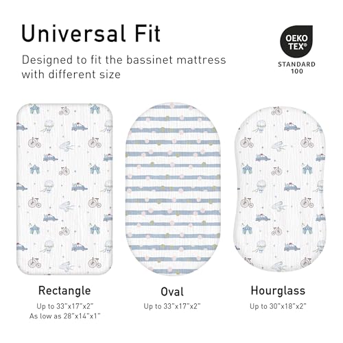 Image of Muslin Bassinet Fitted Sheets 2 Pack, Soft Breathable Cotton Baby Bassinet Mattress Sheet Set, 360 Elastic Snug Fit, Universal for Oval, Rectangle (Cute Cars, Bassinet Sheets 2 Pack)