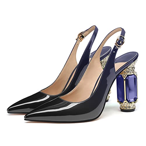 Image of JANSEVEN Women Chunky Heels Pumps Crystal Block Heels with Rhinestones Pointed Toe Sexy Gradient Patent Leather Slip on Bridal Party Wedding Dress Shoes 5-13 M US