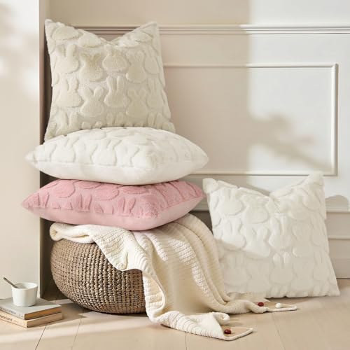 Image of decorUhome Easter Bunny Pillow Covers 16x16 Inch Set of 2, Soft Plush Faux Wool Jacquard Beige Rabbit Cushion Covers, Farmhouse Neutral Spring Easter Holiday Decor for Couch Sofa Bed