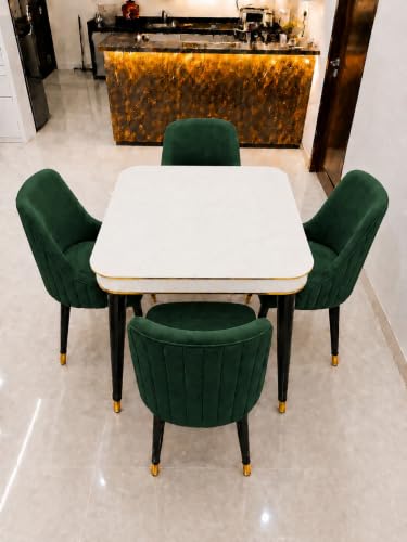 Image of WOODEN SPACE 4 Seater Wooden Dining Table Set | Urban Marble Top Dining Table with Chairs for Dining Room & Kitchen (Modern Infinity Backline Dark Green) (42 x 42 x 30 inch)