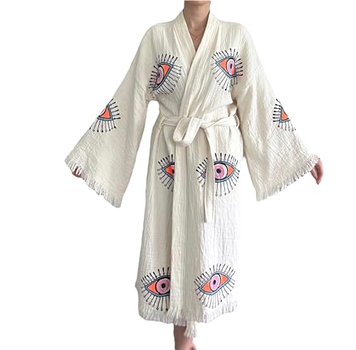 Pinus Evil Eye Kimono Robe Hand Painted, 100% Cotton, Robe, Loungewear, housecoat One Size Fits XS-L