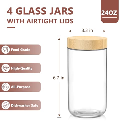 Image of DRKIO 24 Oz Overnight Oats Containers with Lids Glass Jars with Bamboo Lids | 4 Pack Mason Jars, Leak-proof and Airtight, Wide-mouth Design for Versatile Storage & Meal prep, Easy to Open and Stackable