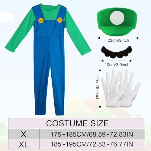 YeahBoom Mario Kostüm Luigi Kostüm Set,4 Stück Luigi Kostüme mit Mütze Bart Handschuhe,Super Bros Cosplay Kostüme,Männer Damen Erwachsene Outfit für Weihnachten Karneval Cosplay Faschingskostüme