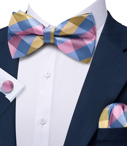Image of Barry.Wang Paisley Striped Bow Tie for Men Silk Pre-Tied Bowtie Pocket Square Cufflinks Set Formal Wedding Party Prom