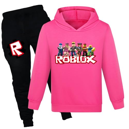 RUIYHE Roblox Gaming Hoodie and Sweatpants Set for Kids, Light Blue Hoodie with Black Pants, Character Design (UK, Age, 3 Years, 4 Years, Regular, pink)
