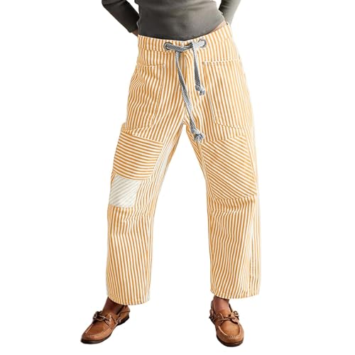 Barrel Jeans Women Casual Horseshoe Tie Waist Striped Pants Lightweight Loose Fit Y2K Patchwork Pants with Pockets