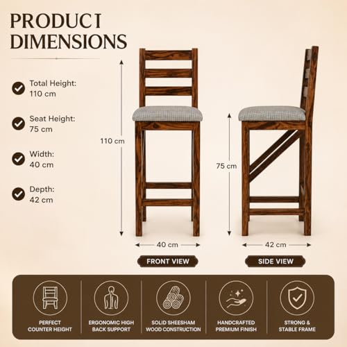 Image of OGESTA Solid Sheesham Wood Bar Stool Chair for Kitchen Island & Bar Counter | High Back Wooden Counter Chair | Dining Counter Stool | Breakfast Bar Chair | 105Cm Height | Set of 1