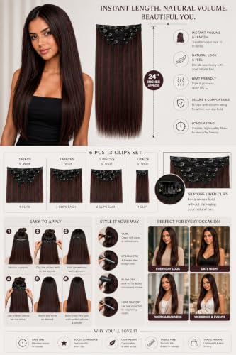 Image of Salon-Grade Maroon Highlights Straight Clip-in Extensions - 6PCS Synthetic Hair Volumizer with 13 Secure Clips for Instant Volume & Realistic Blend