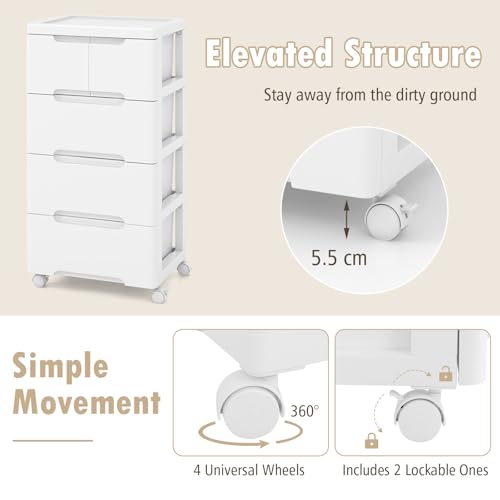 FANTASK Schmaler Nischenschrank, Nischenregal platzsparend mit Schubladen, universellen & arretierbaren Rollen, Mobiler Home Craft Organizer für Wohnzimmer Büro Salon, Weiß (5 Schubladen)