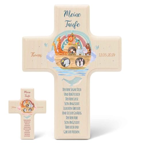 GRAVURZEILE Personalisiertes Kinderkreuz zur Taufe Kommunion und Konfirmation - Arche Design - Holzkreuz für Kinder personalisiert mit Text - Personalisierte Geschenke für Jungen und Mädchen - Blau