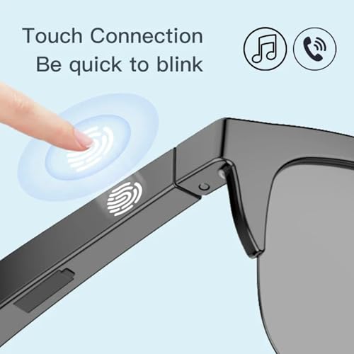 Smart Bluetooth V5.3 Sunglasses with built-in headphones, UV protection, touch control, noise-canceling mic, Hi-Fi sound, and AI/voice assistant support.