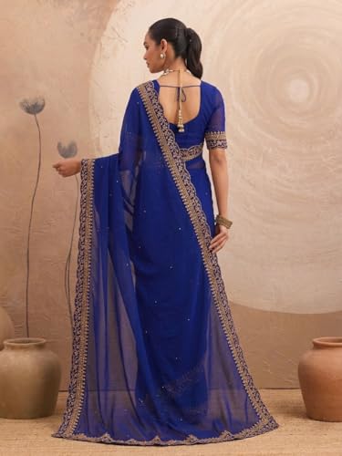 Image of Women's Georgette Embroidery Border Beads work Saree with Blouse Piece