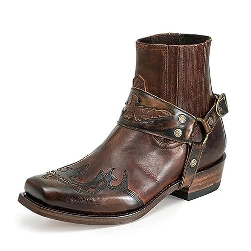 Bottines Western pour Hommes Boucle Sangle Bottes Rétro Cuir Bout Carré Cowboy Bottes Courtes Cowboy Moto Bottes,Dark Brown,41