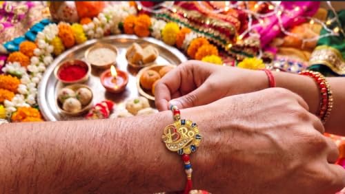 Image of Yuvraj Food Product Rakhi for couple bhaiya bhabhi new peacock desine couple pair rakhi with sweet soan papadi 200 gm pack