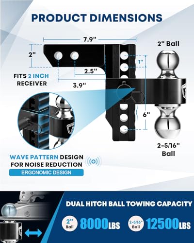 Image of Kohree 6 inch Adjustable Trailer Hitch Fit 2 Inch Receiver, Dual Solid Ball 2 inch and 2-5 /16 inch(12,500 LBS GTW), Drop & Rise Heavy Duty Aluminum Tow Hitch with 4 Silencer Pads & 2 Locking Hitch Pin, Black