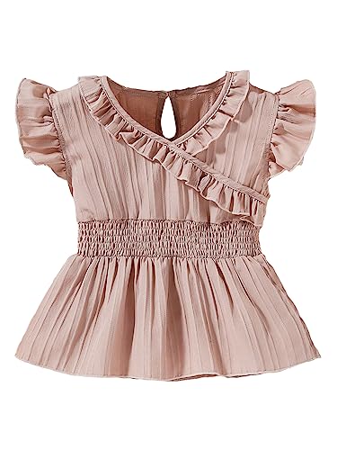 WDIRARA Girl's Ruffle Trim V Neck Cap Sleeve Shirred Ruffle Hem Blouse Peplum Top