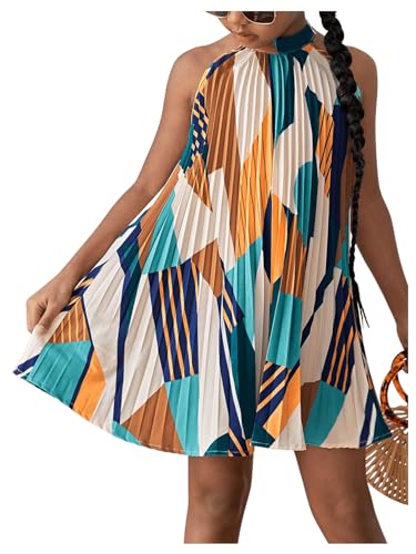 Floerns Girl's Summer Geometric Print Sleeveless Halter Neck Pleated Dress A Line Flowy Short Dress