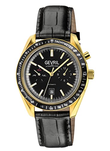 Gevril 49003-1 Men's Lenox Swiss Automatic Watch, Genuine Italian Blk/Blk Stitching Leather Strap