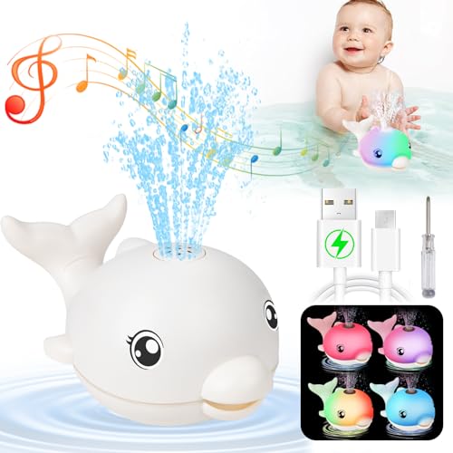 Image of Bath Toys, Light Up Dolphin Baby Bath Toys for Babies 6-12 12-18 Months, Rechargeable Sprinkler Musical Toys, Easter Basket Stuffers Bathtub Toys for Toddlers 1-3 2-4 Boys Girls Infant Kids- White
