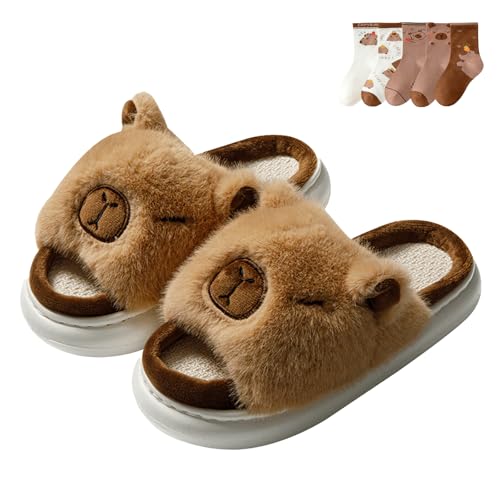 Capybara Slippers for Women Girls 5 PCS Socks Kawaii Fluffy Indoor House Shoes Cute Capybara Pattern Cozy Fuzzy Open Toe Slides