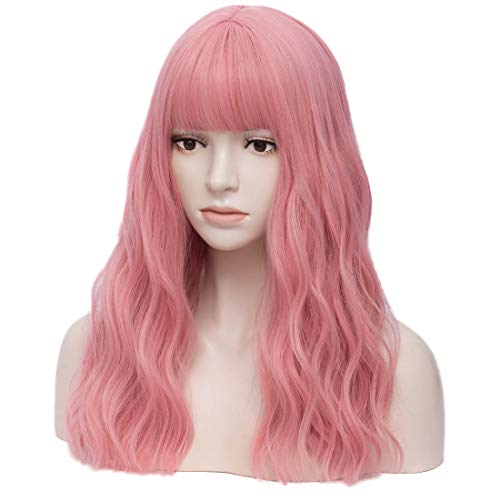 Women's Pink Wavy Wigs with Bangs Middle Length Synthetic Wigs for Daily Use or Costume