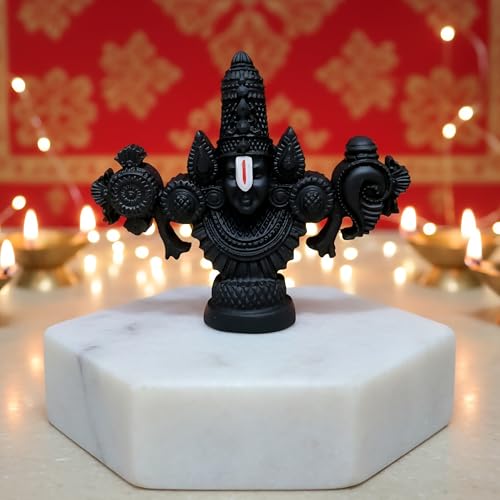 Image of ARNAVIRA Lord Balaji Face Idol | 4.2 x 3.5 Inch Black Terracotta Venkateswara Face Murti for Pooja Room | Car Dashboard | Gifting | Home Temple Decor