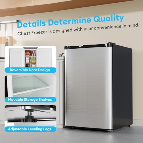 3.6 Cubic Feet Upright Freezer,Low Noice Compact Freezer with 7 Level Adjustable Thermostat, Reversible Single Door,Fast Cooling for Home,Office,Dorm,Apartment(Silver)