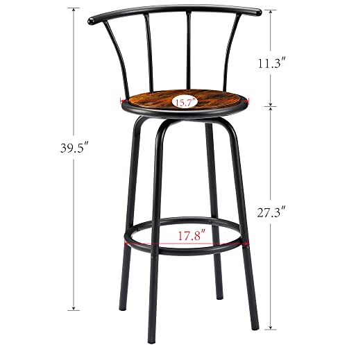 Vecelo Bar Stools Set Of 2 With Back Metal Barstools Tall Chair For Indoor Pub Kitchen, Height 27.3 Inch, Brown #TOP2
