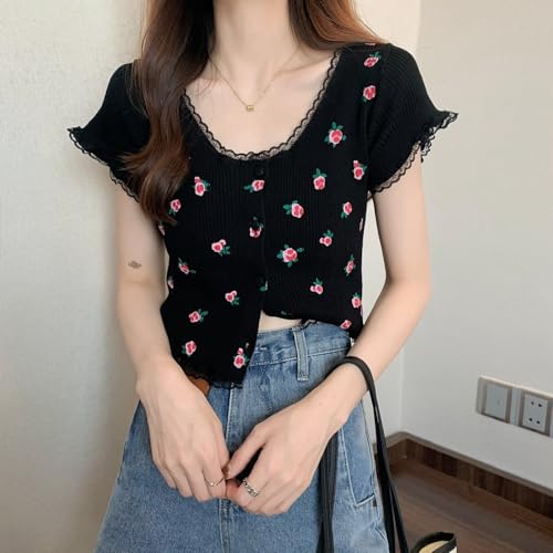 Image of ICW Women's Korean Style Round Neck Half Sleeve Button-Up Floral Knitted Crop Top T-Shirt for Girls DN286 (One Size Fit XS-S)