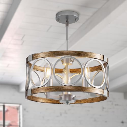 SHIANDAR Silver Farmhouse Chandelier Light Fixture, 4-Light Kitchen Lighting Fixture Ceiling Mount, Rustic Round Ceiling Hanging Kitchen Island Lighting for Dining Room Bedroomxture by SHIANDAR - Used condition - US$91.36