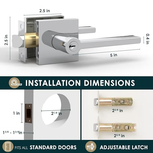 Image of Mega Handles - Prime Entrance Handle, Entry Lever Door Handle, Heavy Duty Square Locking Lever Set for Left or Right-Handed Doors, Interior /Exterior Door Levers - Polished Chrome