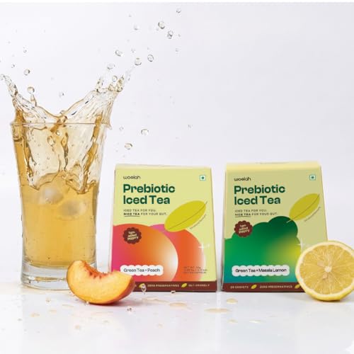 Image of Woolah Prebiotic Combo Pack - Peach Iced Tea & Lemon Masala Green Tea | Only 1g Jaggery Sugar | Chicory Root Fiber for Gut Health | 40 Sachets + Free Sipper | Instant Refreshing Drink