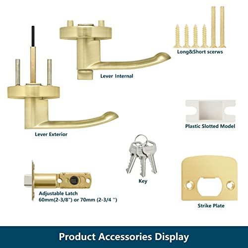 Leydebong 6 Pack Entry Door Locks Keyed Alike, Gold Door Handles For Interior Or Exterior Door Use, Heavy Duty Front Door Levers With Keys, Durable & Sleek Door Knobs, Light Satin Brass Finish #TOP6