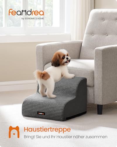 Feandrea Hundetreppe, 2 Stufen, Cord mit Querstreifen, Haustiertreppe, für Bett, Sofa, wasserdicht, rutschfest, geringe Neigung, Abnehmbarer waschbarer Bezug, Griff, schiefergrau PPS002GN01